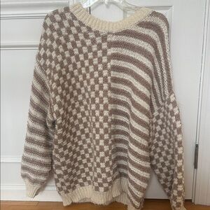 Altar'd State Tan and Cream Patterned Crewneck Sweater